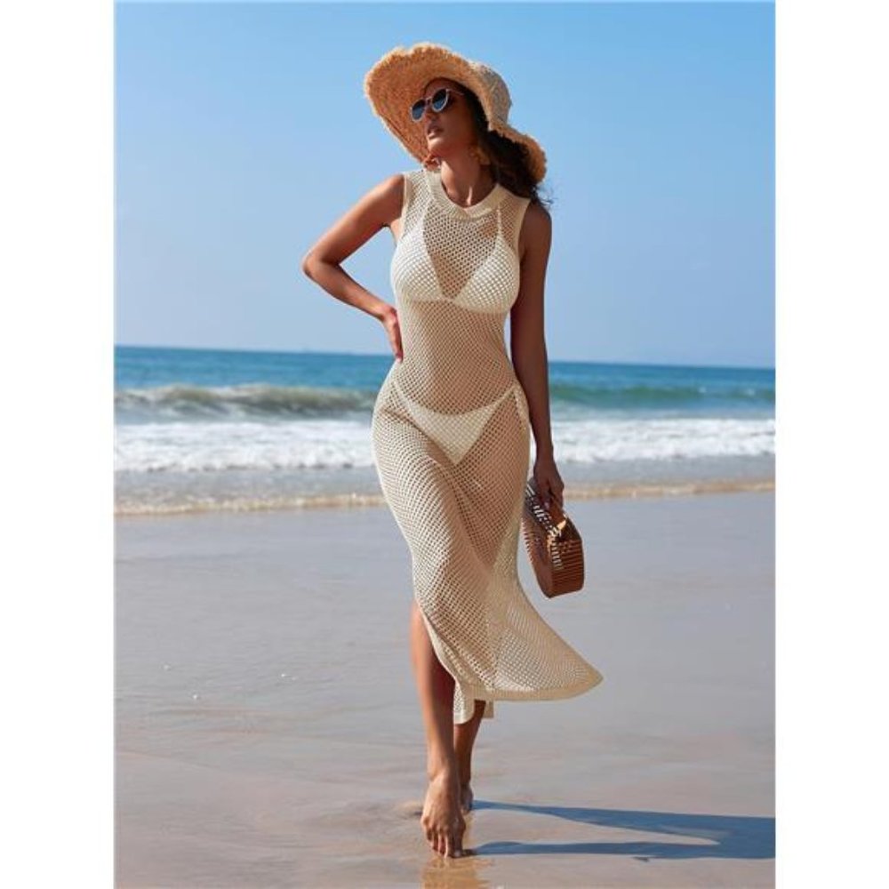 Women Crochet Swimsuit Cover Up Hollow Out Sleeveless Beach Dress Side Split - Picture 2 of 7